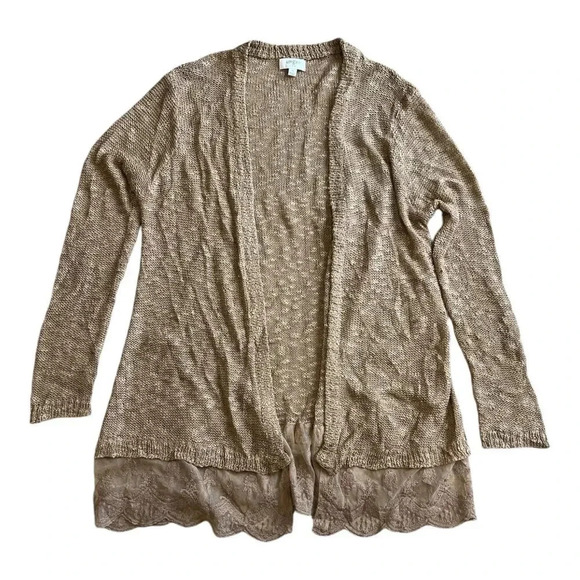 Umgee USA Mocha Lace Trim Open Front Cardigan Sweater M - Picture 2 of 5